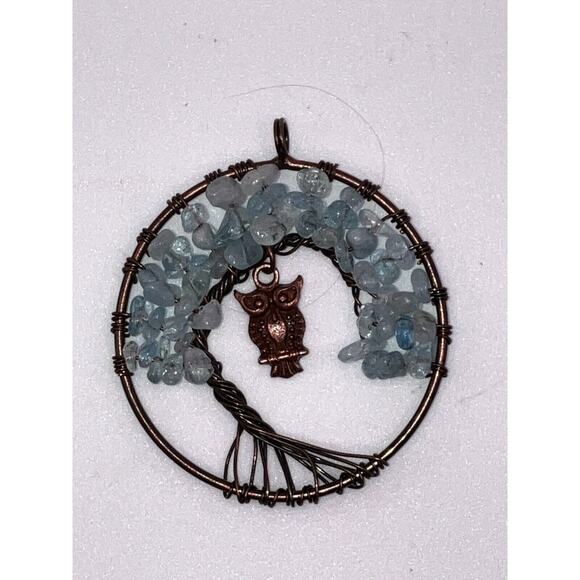 Natural Fluorite Chips Tree of Life Chakra Copper Owl 2 1/8" Pendant! - Picture 4 of 5